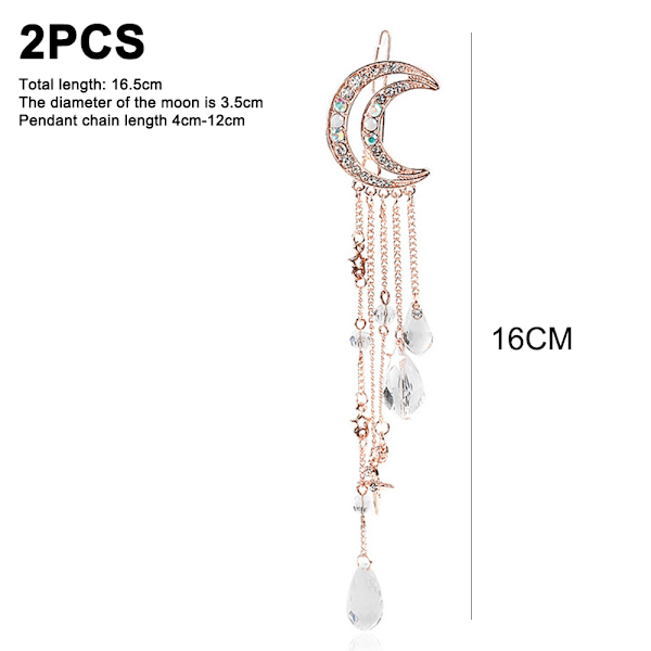Romantiska Rhinestone Halvmåne Stjärna Charm Hårklämmor, Kristallpärlor Tassel Drop Hårnålar Kedja Hårnål för Kvinnor Flickor Bröllopssmycken Hår