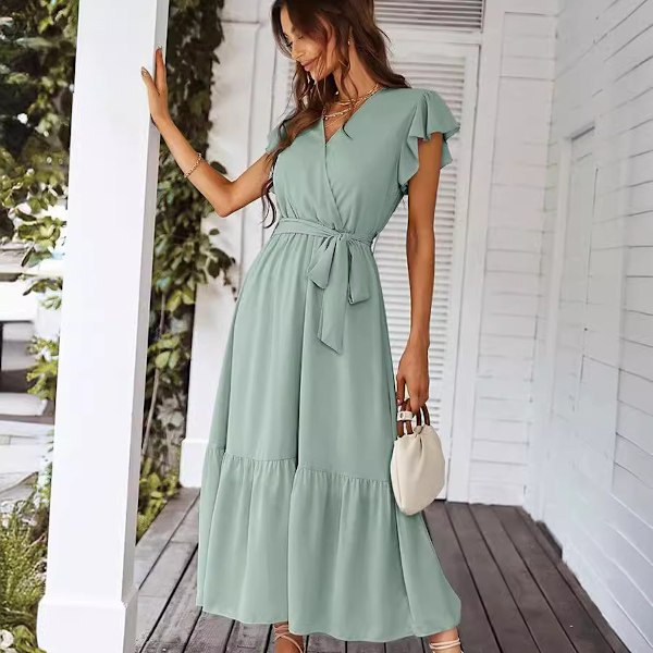 Kvinners blomstrete boho-kjole med V-hals, korte ermer, belte og rynket kant, A-linje, flytende maxi-kjole