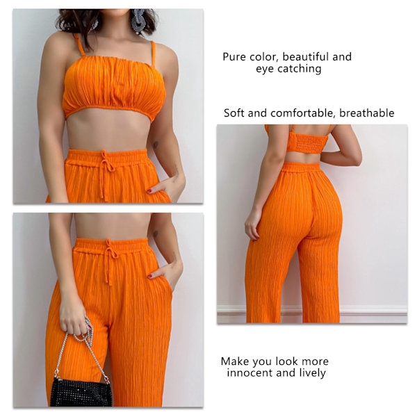 Sommarset för kvinnor med draperad byst, spaghettiband, tubtopp, hög midja, elastisk midja, långa byxor, enfärgad, orange, XL