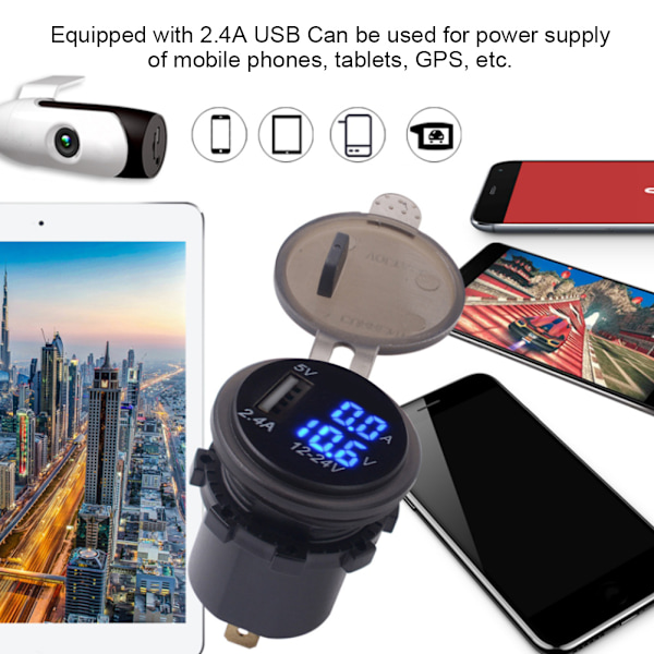 2.4A 3-i-1 Multifunktionell Digital LED IP66 Bil USB Laddare Termometer Voltmeter