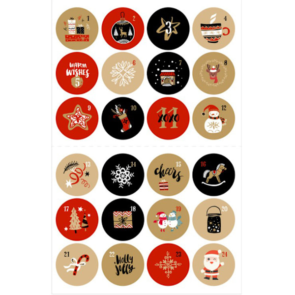 Julekalender Nummersticker Sæt Juleelementer Runde Sticker Etiketter til DIY Håndværk Papirposer Gaveæske