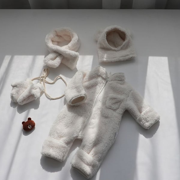 Babys vinterforstærket pelset onesie Varmt wrap fod lang krybende dragt (hvid)