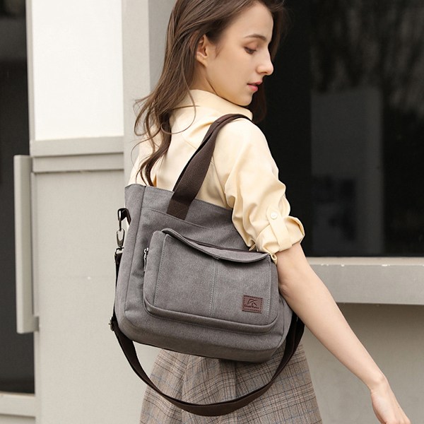 Dametasker i lærred, skuldertaske, crossbody-taske, lille tote, multi-lomme, øvre håndtag, arbejdstaske