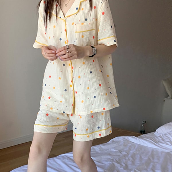 Kortärmade Pyjamas med Nedvikt Krage och Knappar, Lös Passform, Mjukt och Andningsbart, Damsovkläder Set för Sommar, Färgglada Prickar, XL
