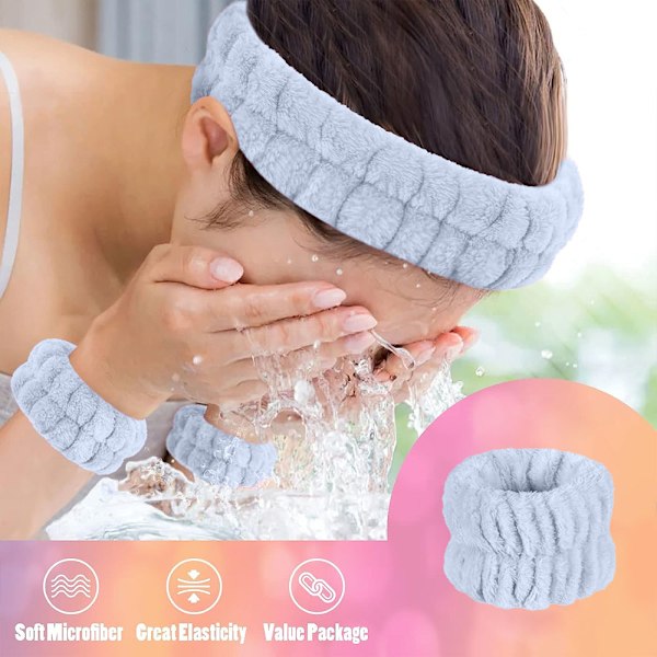 Uudelleenkäytettävä Spa-hiuspanta, rannepesunauha ja kasvojenpesusarja, sisältää 1 mikrokuituhiuspanta ja 2 rannepesunauhaa