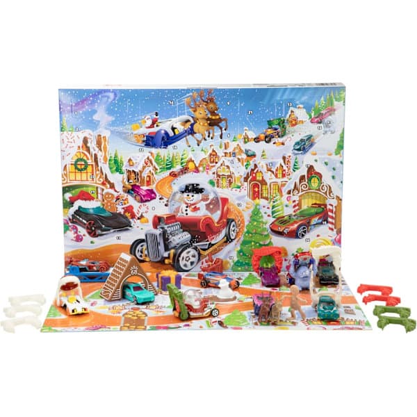 Hot Wheels legetøjsbiler og sæt, 2025 Julekalender, inkluderer 10 legetøjsbiler, 10 dekorative clips og 14 vintertema-tilbehør.