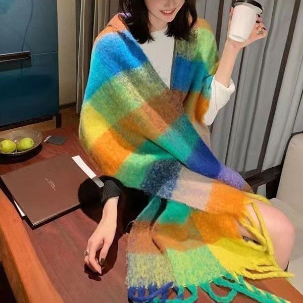 Kvinnors K Cashmere Stor Färgad Rutig Halsduk Vinter Varm Wrap Halsduk