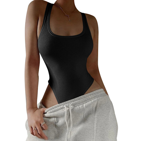 Ärmlös U-ringad Bodysuit med Hål i Ryggen för Kvinnor Elegant Enfärgad Slim Fit Ribbstickad Bodysuit för Fest Svart L