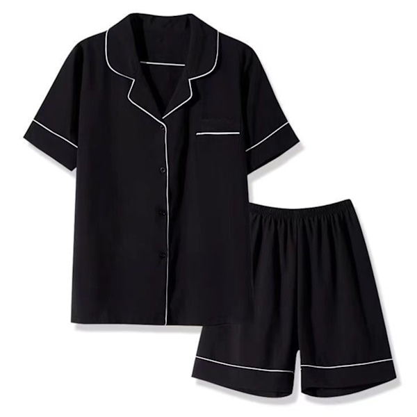 Dam Pyjamas Set Tvådelad Nattkläder Knappar Kortärmad Lounge Nattkläder för Sommar Svart L
