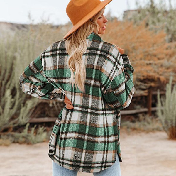 Dame Casual Plaid Shackets Børstet Flannel Knappet Ned Lomme Skjortejakke Frakker (grøn)