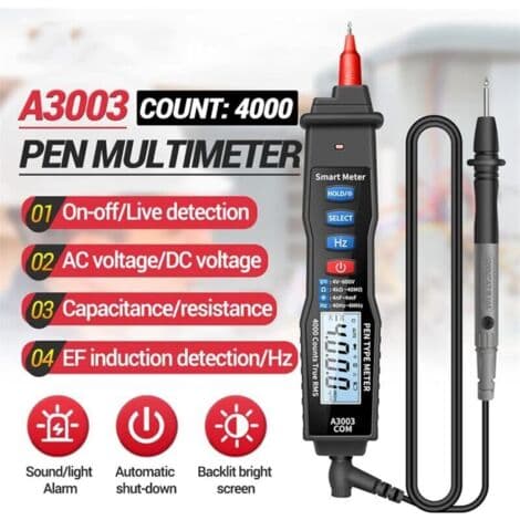 Bærbar penformet digitalt multimeter 4000 tællinger AC/DC spændingskapacitetstester NCV A3003 (sort)