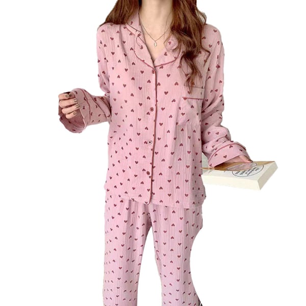 Dam Pyjamas Set med Knappar Långärmad Hjärtmönster Nedåtvänd Krage Lös Mjuk Dam Nattkläder för Vår Höst Hem Rosa M