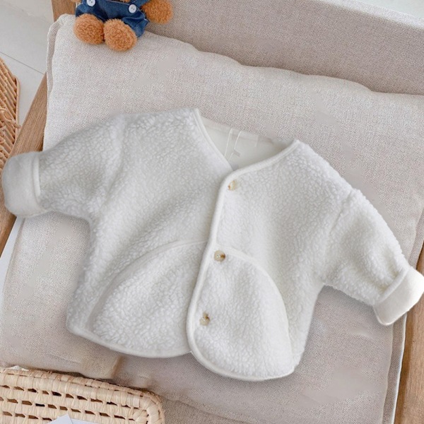 Flickors varm fleecejacka med knappar, konstpäls, tjock ytterkläder med fickor (Off white)