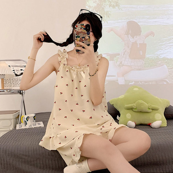 Camisole Pyjamas Tvådelad Set med Bröstkuddar Lös Mjuk Hudvänlig Sommarpyjamas Set för Flickor Körsbär M