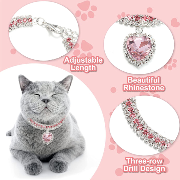 Rhinestone-koiran kaulakoru, 2 kpl Kissat Kolme Rivin Rhinestone-kaulakoru Sydänriipuksen kanssa Säädettävä Kristalli Kissankaulakoru
