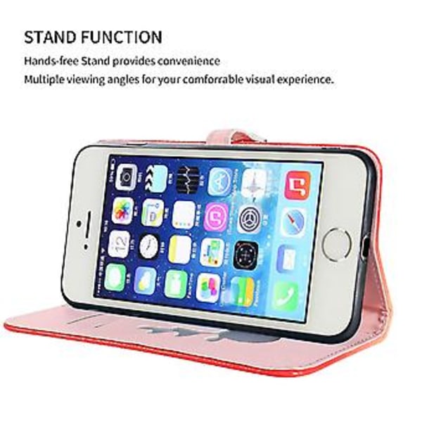 Telefonfodral, älgmönster, iPhone 5, 5s, SE, kortfack, snodd, PU-läder, plånboksfunktion, hörnfallskydd, Orange Röd