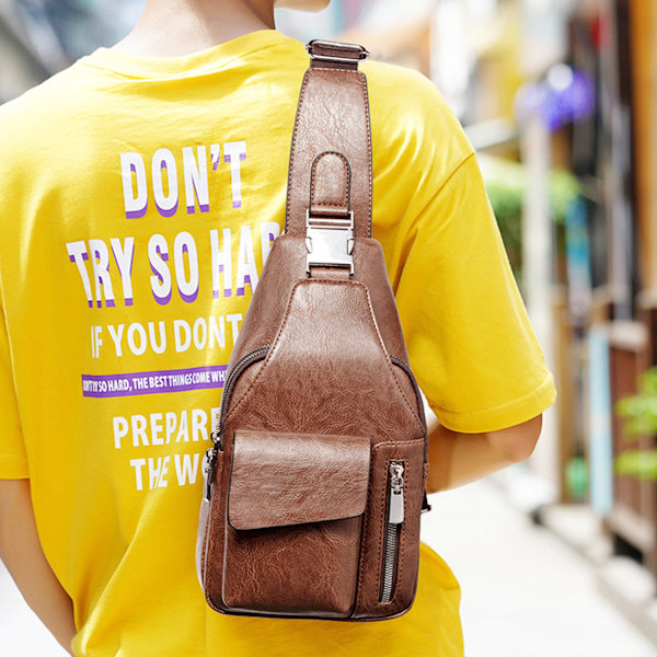 Mænds PU Læder Sling Bag Rejse Crossbody Brysttaske Stor Kapacitet Casual Vandreture Dagrygsæk Anti-tyveri Rygsæk Pung