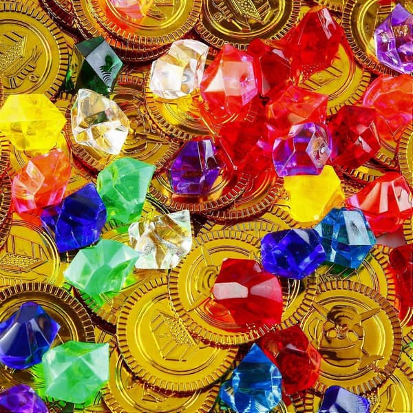 70 piratguld-mønter og 70 pirat-ædelsten i plast