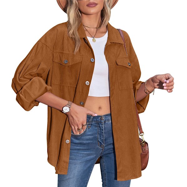 Beaully Kvinders Corduroy Knappeneder Skjorte Casual Langærmet Oversized Jakke Shacket (brun)