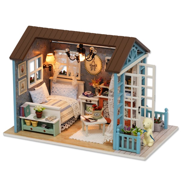 DIY Miniatyrdockhus Kit DIY Monterat Trähusmodell Mini Dockhus Hantverk med Möbler och LED-lampor Barnens Dag Födelsedagspresent