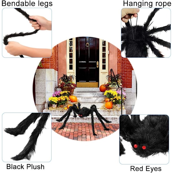 Halloween spindel, 200 cm jättespindel, Halloween utomhusdekoration med 7 m triangulär väv 20 g expanderbar spindelväv 10 plastspindel, skräck