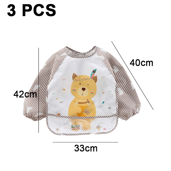 3-pack Baby Långärmad Vattentät Babysallad Fullt Täckande Förkläde Smock Småbarnssallad med Fickor