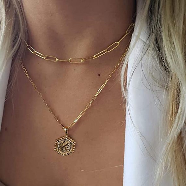Dobbeltlags kragekjede for kvinner med bokstavanheng, gull geometrisk choker