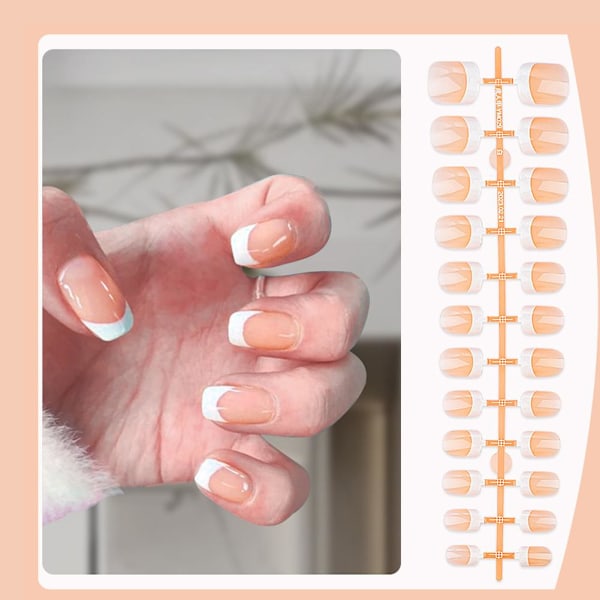 Set Franskt Rosa Fyrkantigt Kort Lösnagel Pressa På Nagel Tipp Vit Kant Heltäckande Rosa P7u2 TD156 24pcs