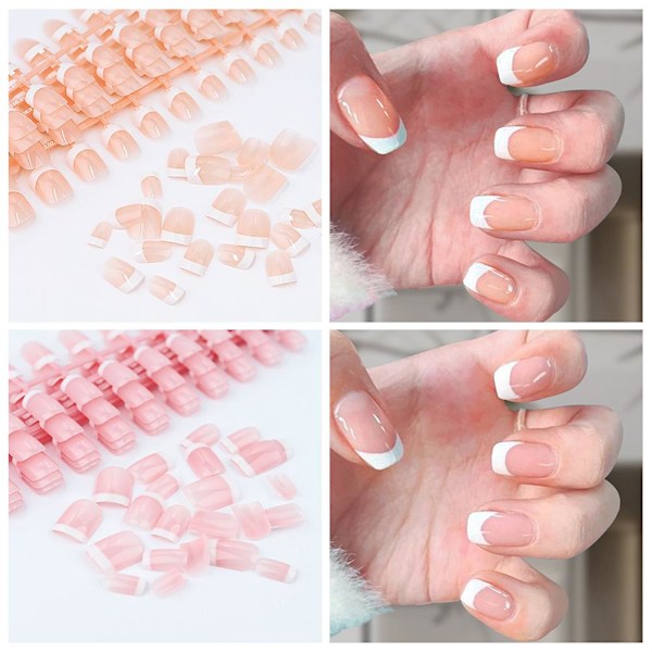 Set Franskt Rosa Fyrkantigt Kort Lösnagel Pressa På Nagel Tipp Vit Kant Heltäckande Rosa P7u2 TD148 24pcs