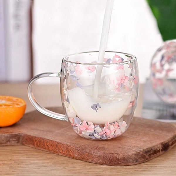 Dubbelväggig Glasmugg Torkad Blomma Fyllning Kvicksandsmugg Dricksvattenglas Muggar C 350ML