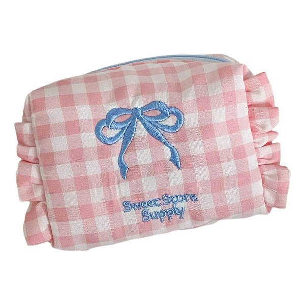 Rutig Rosett Myntväska Förvaringsväska Retro Söt Rutig Resekapacitet Tvätt Student Stor Väska O3q6 Pink One size