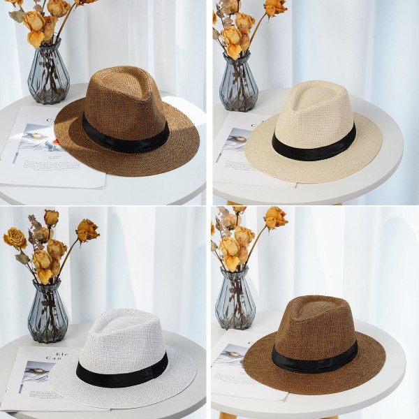 Straw Fedora Sun Hat - Panama Cowboy Cap Krossbar Herr Dam & beige one size