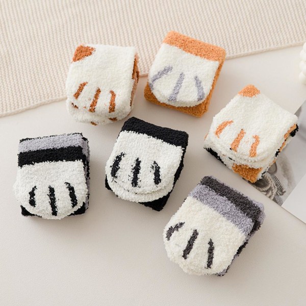 6 par Cat Paw Socks-Corals Fleece strumpor/Super Soft Plysch Slippe Black bars One-size 6pcs