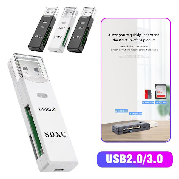 Två-i-ett USB3.0 Kortläsare Mobiltelefon TF-kort Kamera SD-kort Plug And Re <! WHITE USB2.0