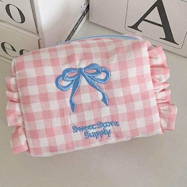 Rutig Rosett Myntväska Förvaringsväska Retro Söt Rutig Resekapacitet Tvätt Student Stor Väska O3q6 Pink One size