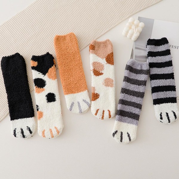 6 par Cat Paw Socks-Corals Fleece strumpor/Super Soft Plysch Slippe Black bars One-size 6pcs