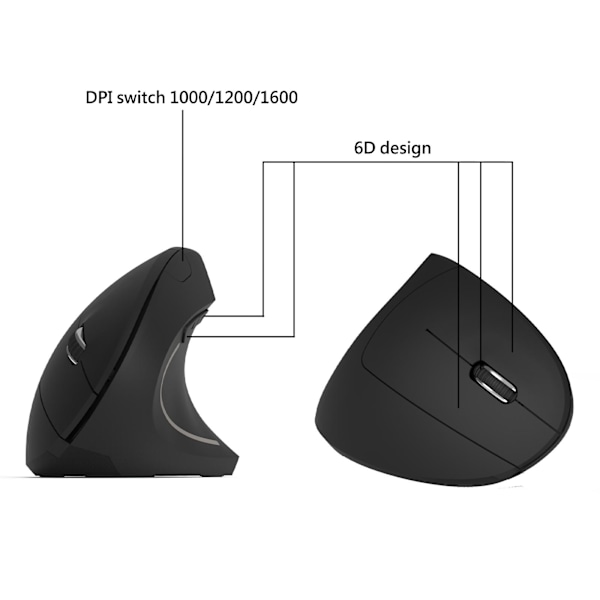 1x trådlös spelmus vertikal ergonomisk optisk möss för PC black without battery
