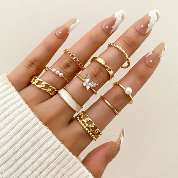 Fashion Butterfly Crystal Pearl Rings Set Kvinnor Finger Rings Adj A One size