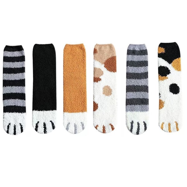 6 par Cat Paw Socks-Corals Fleece strumpor/Super Soft Plysch Slippe Black bars One-size 6pcs