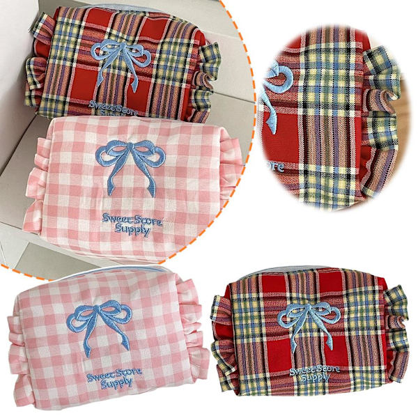 Rutig Rosett Myntväska Förvaringsväska Retro Söt Rutig Resekapacitet Tvätt Student Stor Väska O3q6 Pink One size