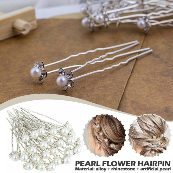 20 Pack Pearl hårnålar Bröllop Brud U-form Silver Rhinestone