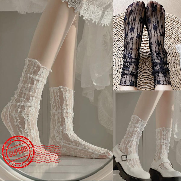 Vita Mesh Spetssockor Mary Jane Svart & Vit Ihålig Mesh Ankel Japansk Spets Pile Sommar S0u1 white onesize