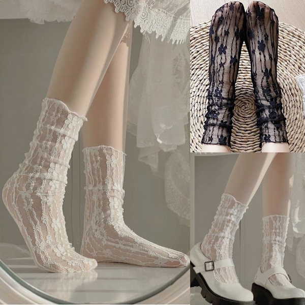 Vita Mesh Spetssockor Mary Jane Svart & Vit Ihålig Mesh Ankel Japansk Spets Pile Sommar S0u1 white onesize