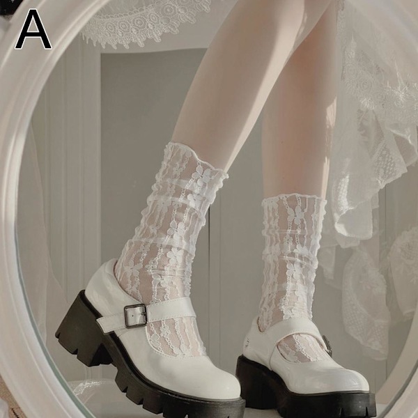 Vita Mesh Spetssockor Mary Jane Svart & Vit Ihålig Mesh Ankel Japansk Spets Pile Sommar S0u1 white onesize