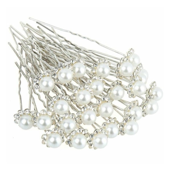 20 Pack Pearl hårnålar Bröllop Brud U-form Silver Rhinestone