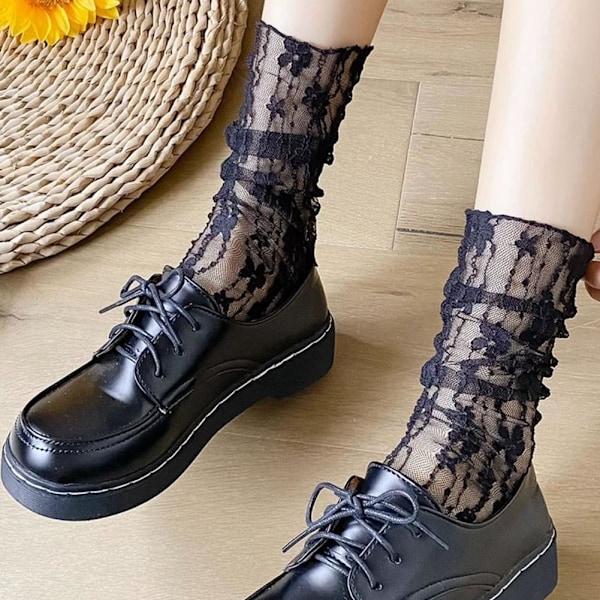 Vita Mesh Spetssockor Mary Jane Svart & Vit Ihålig Mesh Ankel Japansk Spets Pile Sommar S0u1 black onesize