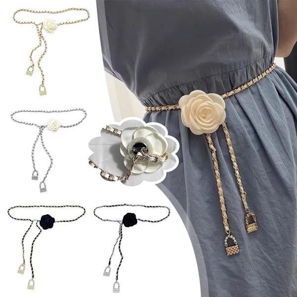 Kamellia midjekedja i metall med blomdekoration white+white one-size