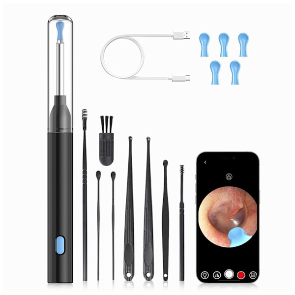 Öronrengörare med kamera - Verktyg för borttagning av öronvax, Visuell öronrengörare med kamera Black 8-piece set