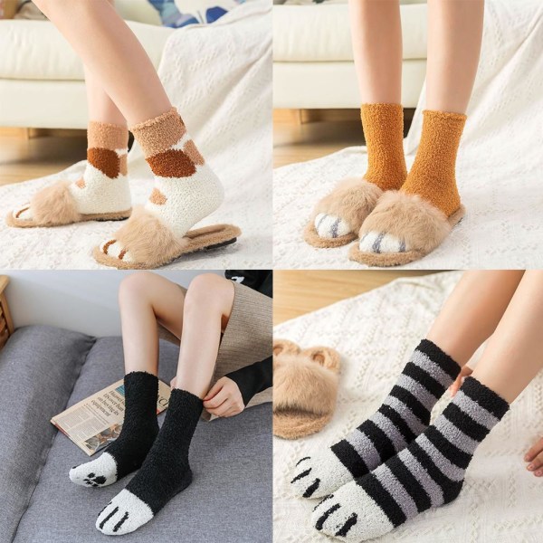 6 par Cat Paw Socks-Corals Fleece strumpor/Super Soft Plysch Slippe yellow One-size 6pcs