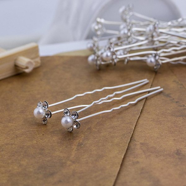 20 Pack Pearl hårnålar Bröllop Brud U-form Silver Rhinestone